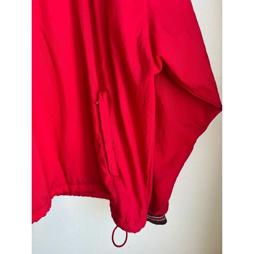 Champion Vintage Mens XL Red Nylon‎ V-Neck Windbreaker Pullover Striped Trim